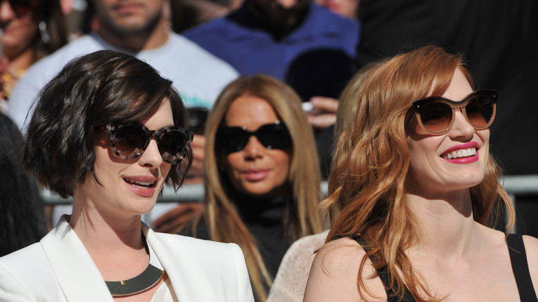 Anne Hathaway and Jessica Chastain wear oversized sunglasses