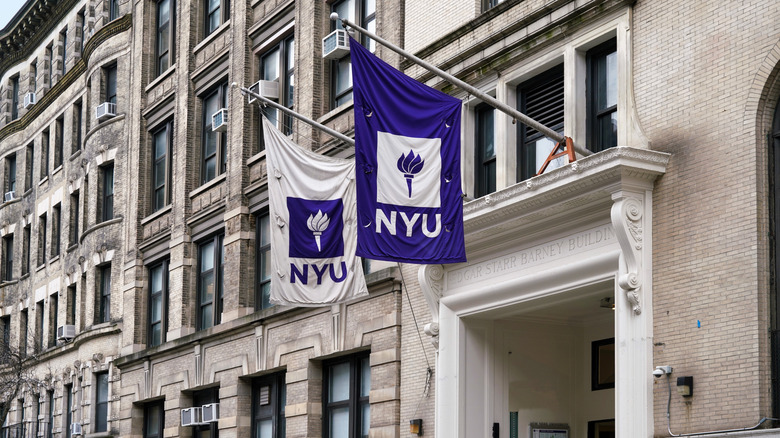 NYU flag hanging on building