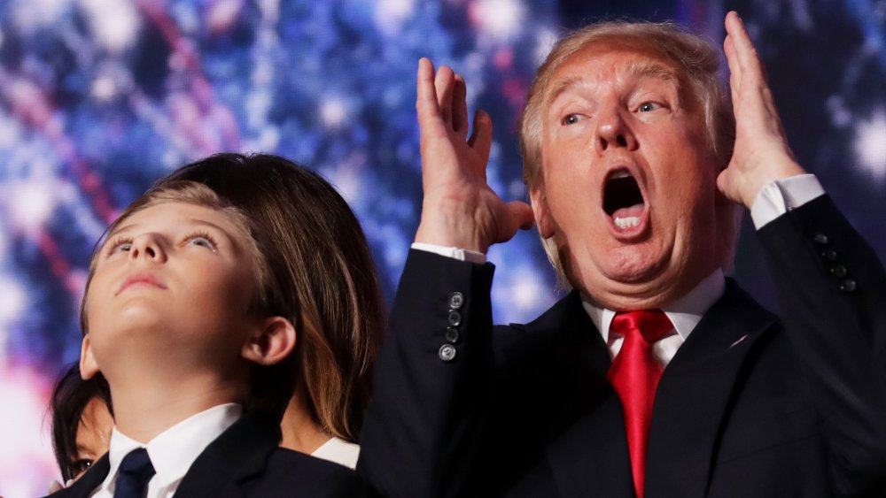 Barron Trump looking up, standing next to a shocked Donald Trump