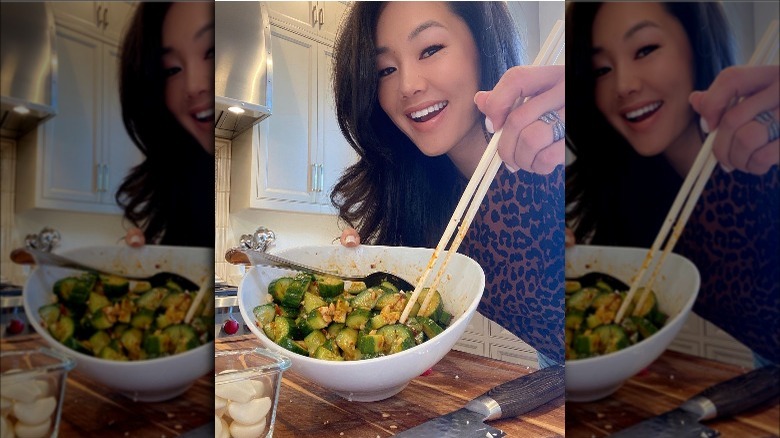 Crystal Kung Minkoff posing with food