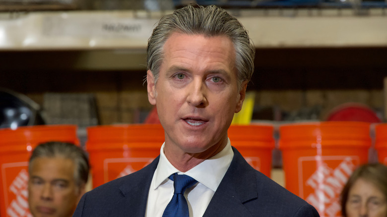 Gavin Newsom giving a press conference