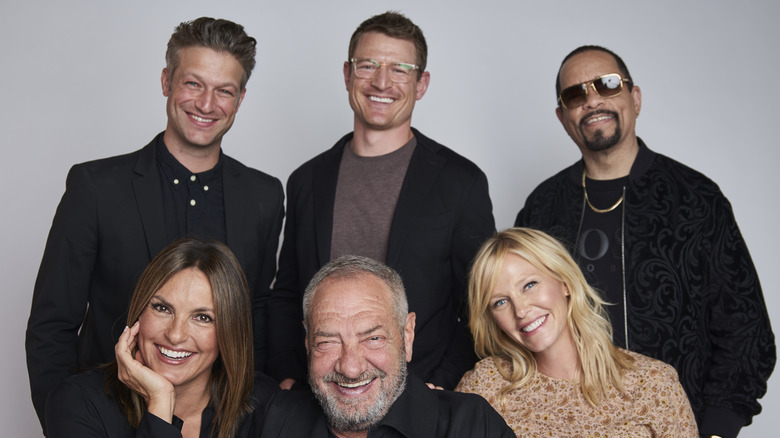 Mariska Hargitay, Peter Scanavino, Dick Wolf, Kelli Giddish, Ice-T, and Philip Winchester of NBC's Law & Order: SVU