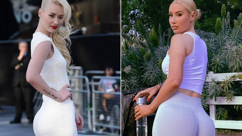 Iggy Azalea wearing white dress, gray leggings