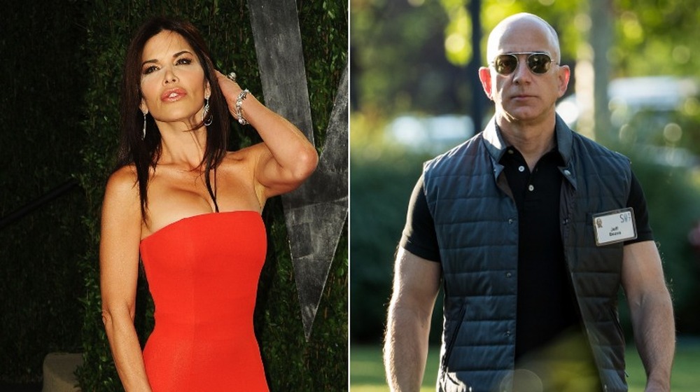 Lauren Sanchez posing, Jeff Bezos outside