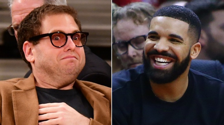 Jonah Hill wearing glasses, left, Drake smiling, right