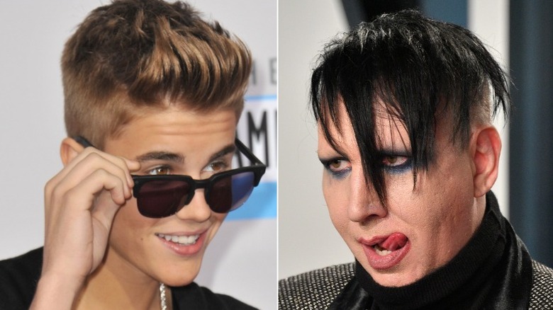 Justin Bieber pulling down sunglasses Marilyn Manson licking lips