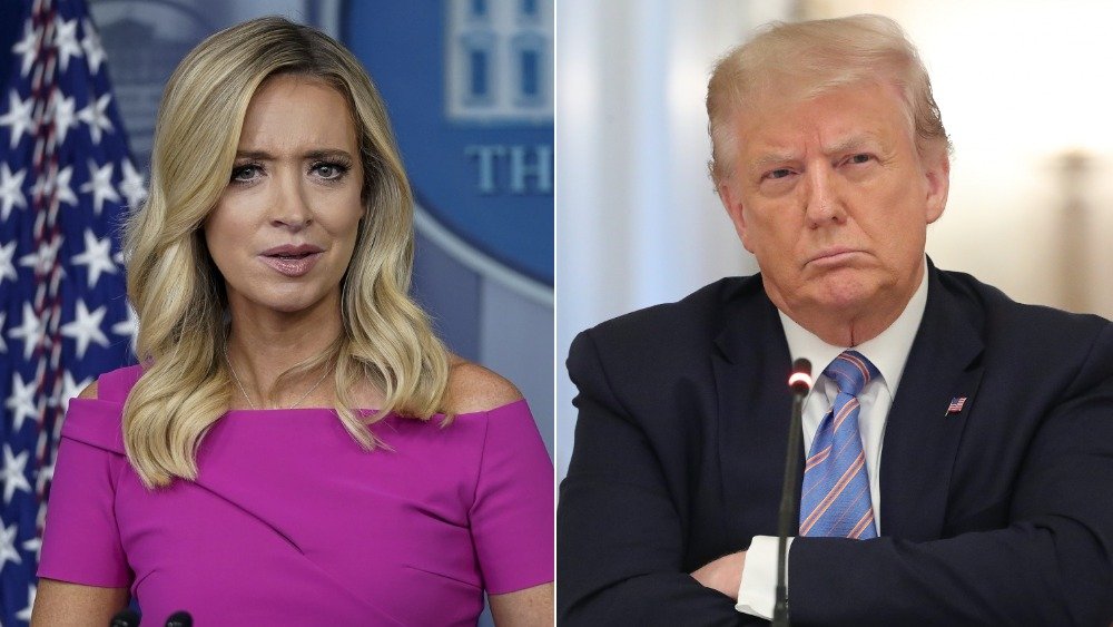 Kayleigh McEnany speaking at a press briefing, Donald Trump with his arms crossed