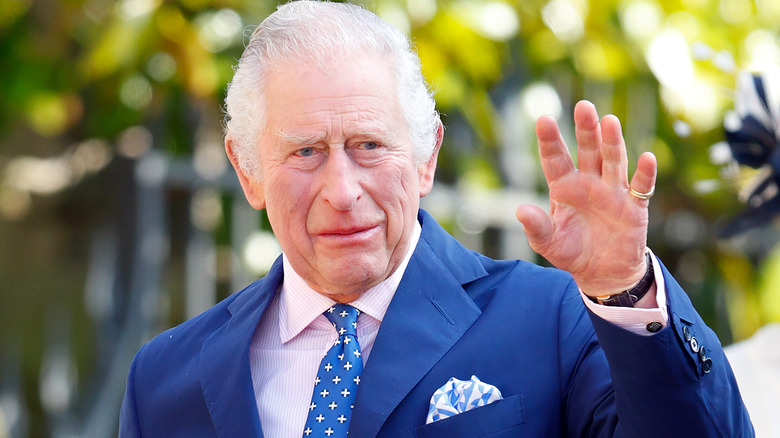 King Charles, waving in blue suit