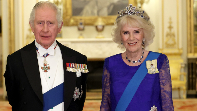 King Charles and Queen Camilla posing in royal uniforms