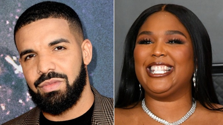 Drake and Lizzo posing on red carpets