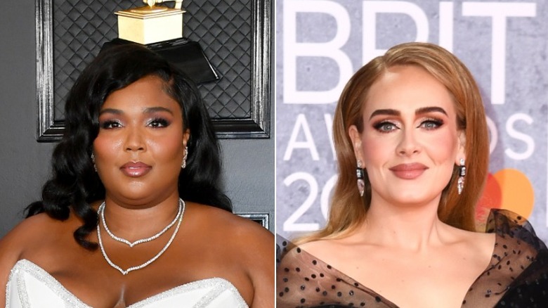 Lizzo posing on red carpet, Adele posing at Brit Awards