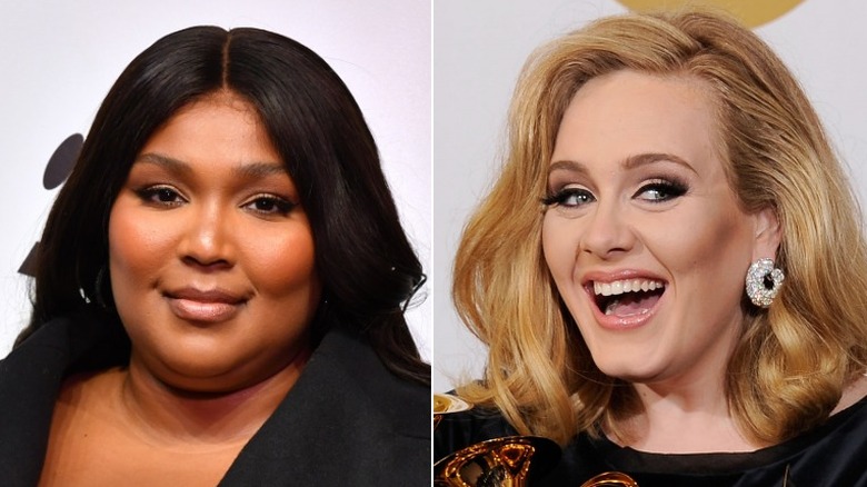 Lizzo posing at even, Adele smiling broadly