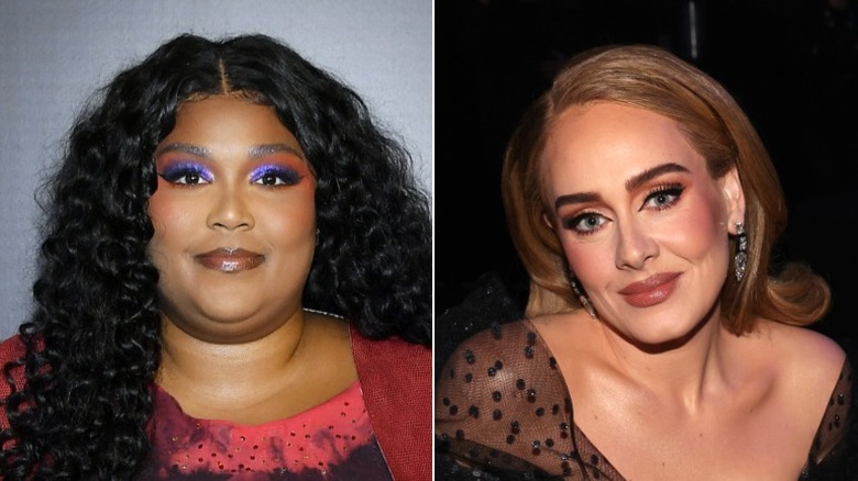 Lizzo posing in blue eyeshadow, Adele posing naturally