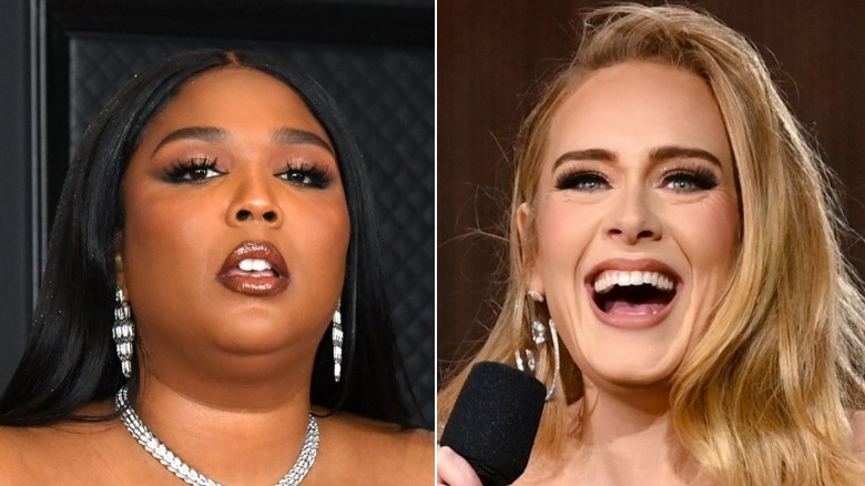 Lizzo posing powerfully, Adele smiling wide