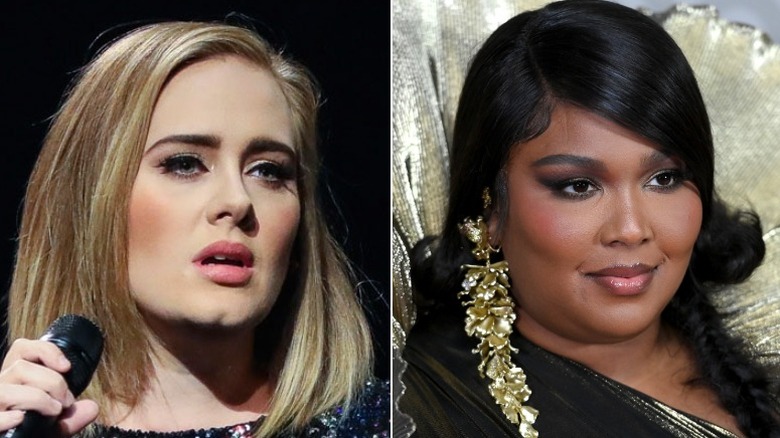 Adele posing on stage, Lizzo posing in gold collar