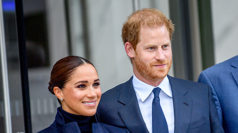 Meghan and Harry in blue suits