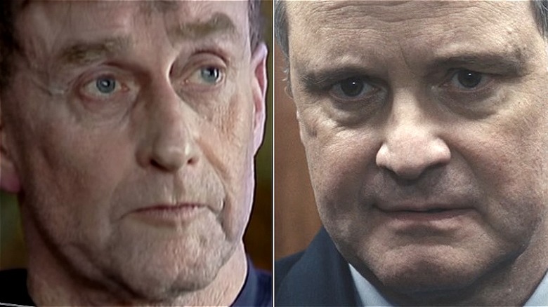 Michael Peterson staring sad Colin Firth looking angry