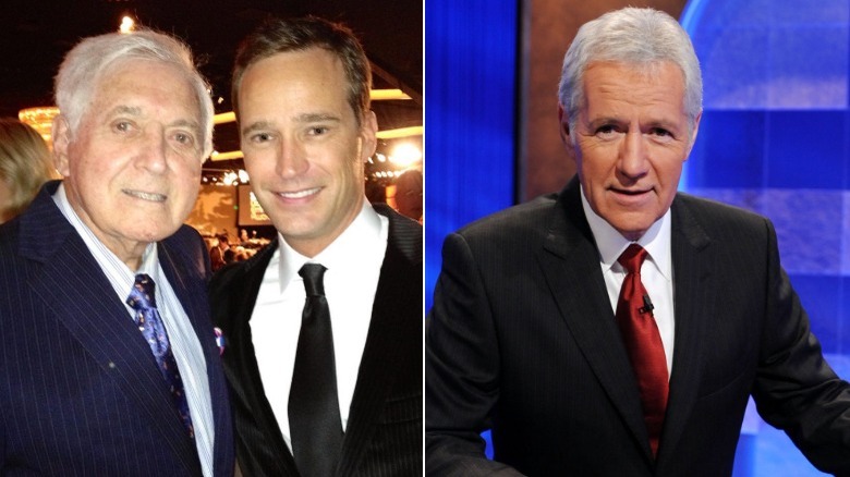 Monty Hall and Mike Richards posing together, Alex Trebek on Jeopardy! set