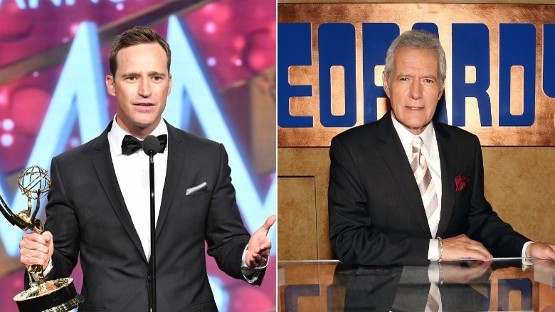 Mike Richards accepting Emmy, Alex Trebek posing on set