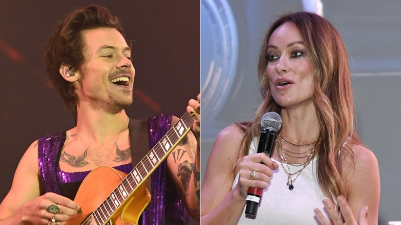 Harry Styles performing and Olivia Wilde speaking