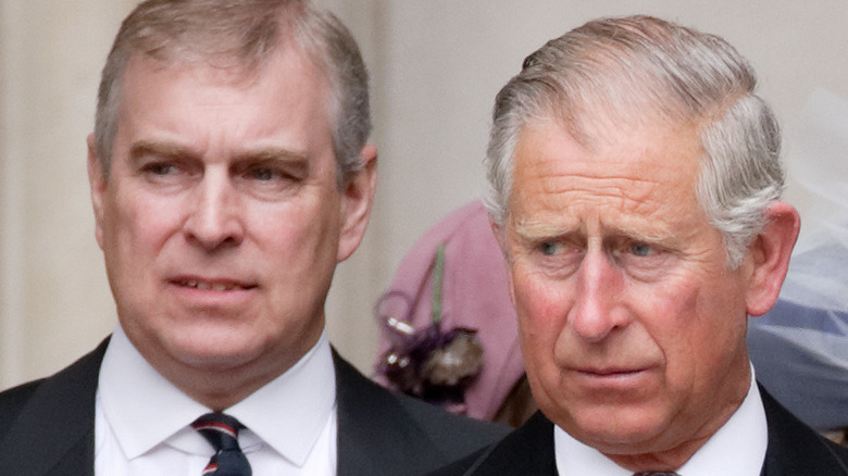 Prince Andrew and Prince Charles frowning