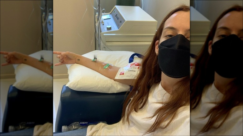 Riley Keough with IV in arm