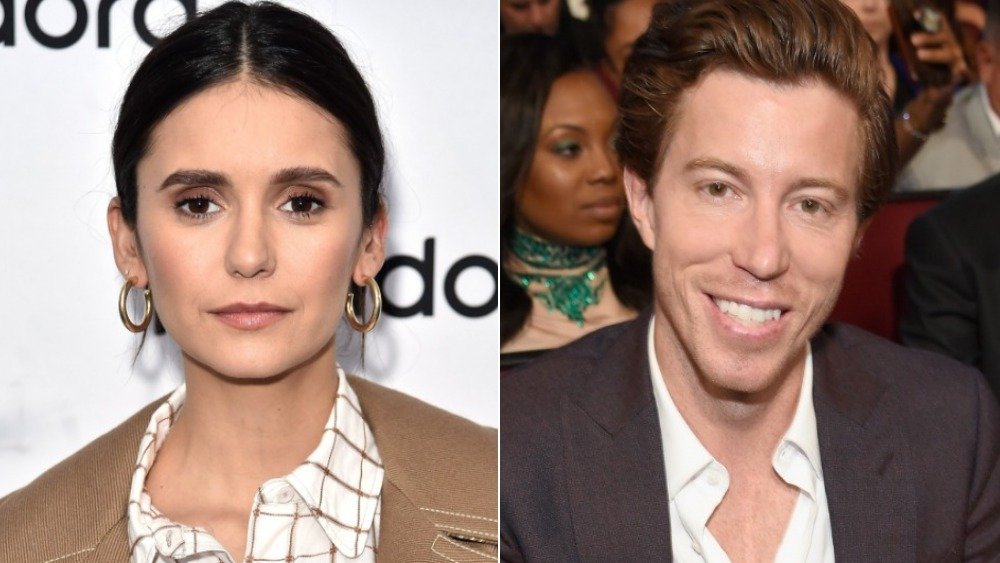 Split image of Nina Dobrev with a neutral expression and Shaun White smiling