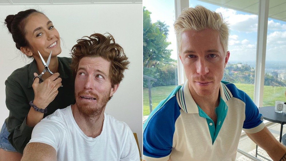 Split image of Nina Dobrev giving Shaun White a haircut, and Shaun White showing off his icy white dyed hair