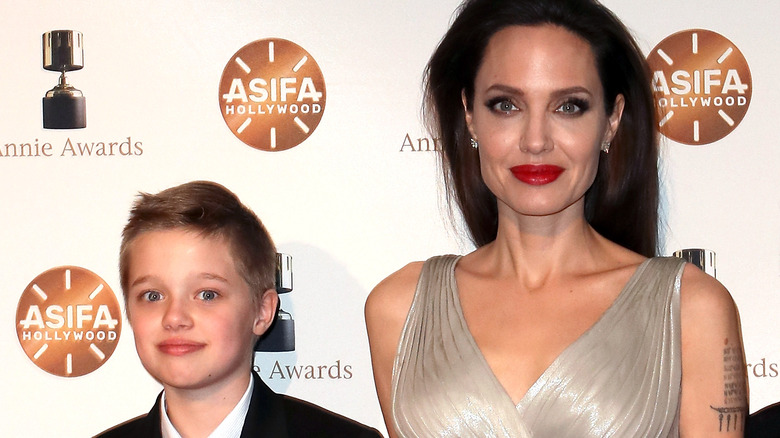 Shiloh Nouvel Jolie-Pitt and Angelina Jolie attending the 45th Annual Annie Awards