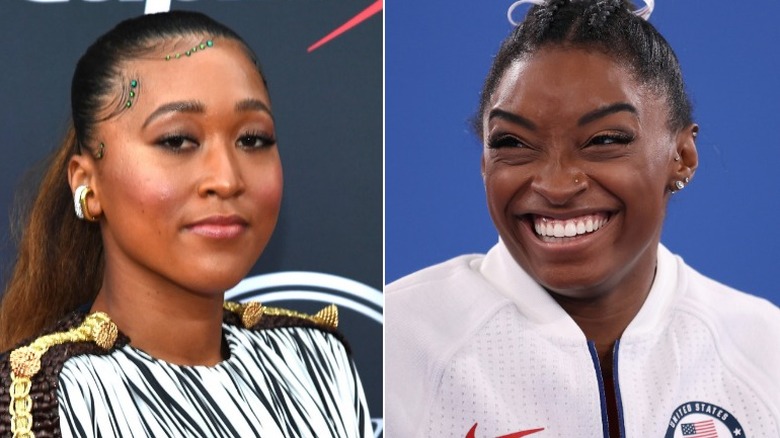 A side-by-side of Naomi Osaka and Simone Biles 