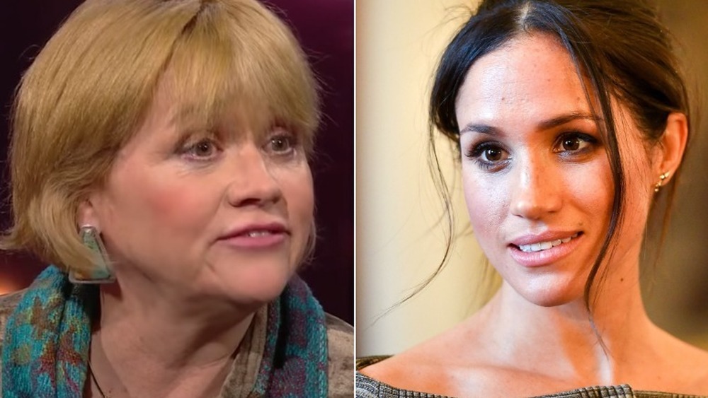 Samantha Grant during an RTE interview (left) and Meghan Markle smiling (right)