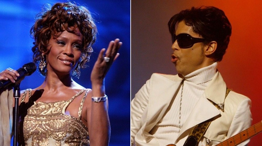 Whitney Houston Smiling, Prince Holding Guitar