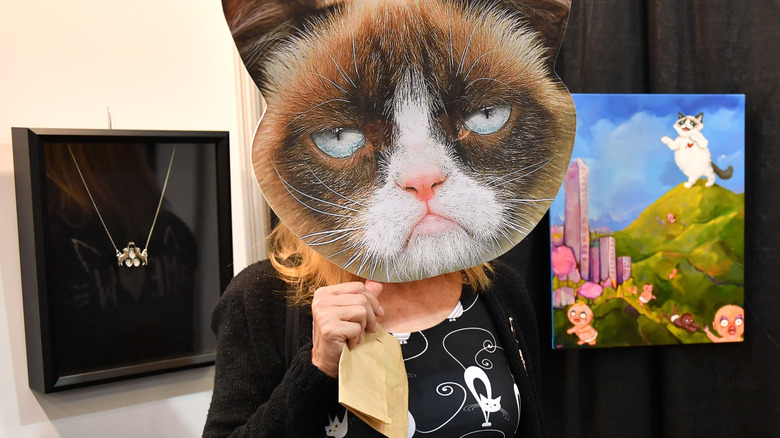 Person covering face with cat mask