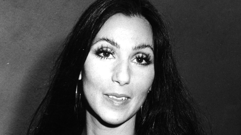 Cher smiling, black and white