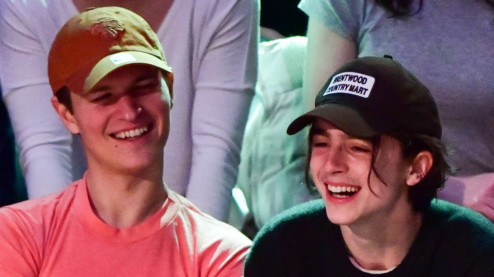 Ansel Elgort sitting at basketball game, laughing, wearing a t-shirt and hat; Timothée Chalamet sitting at a basketball game, laughing, wearing a hat