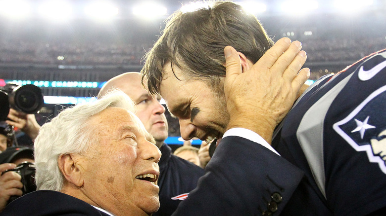 Robert Kraft and Tom Brady celebrating a Super Bowl win