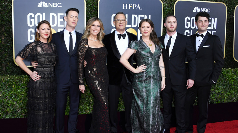 Samantha Bryant, Colin Hanks, Rita Wilson, Tom Hanks, Elizabeth Ann Hanks, Chet Hanks, and Truman Theodore Hanks posing together on the red carpet