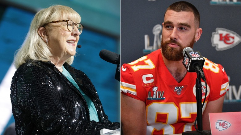 Donna Kelce speaking at podium, Travis Kelce during press conference