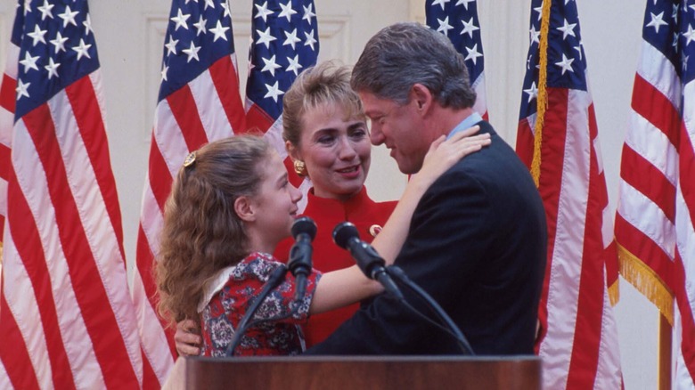 Chelsea, Hillary, and Bill Clinton in 1993