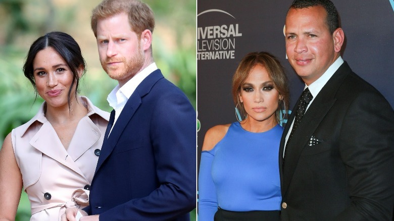 Meghan Markle posing with Prince Harry, Jennifer Lopez posing with Alex Rodriguez