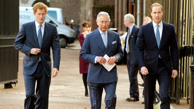 Prince Harry, King Charles, and Prince William walking