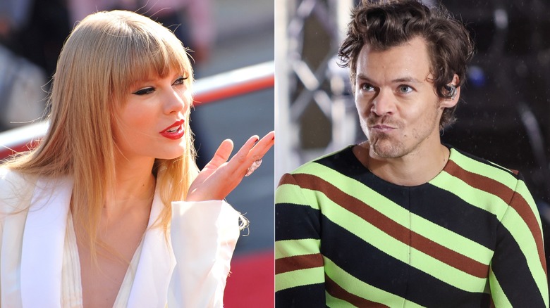 Taylor Swift and Harry Styles posing split image