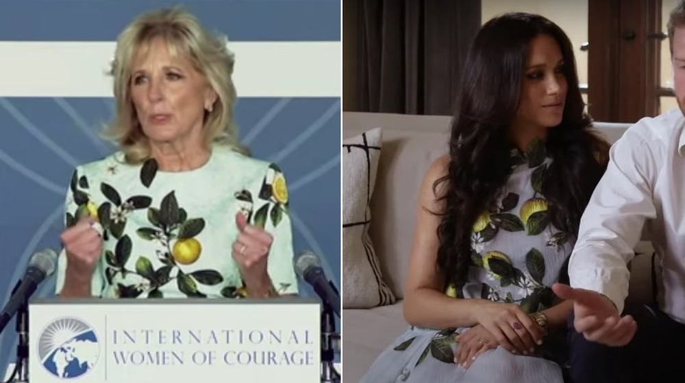 Jill Biden and Meghan Markle wearing similar dresses