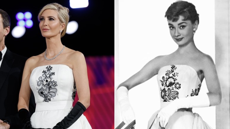 Split image of Ivanka Trump and Audrey Hepburn wearing the same dress