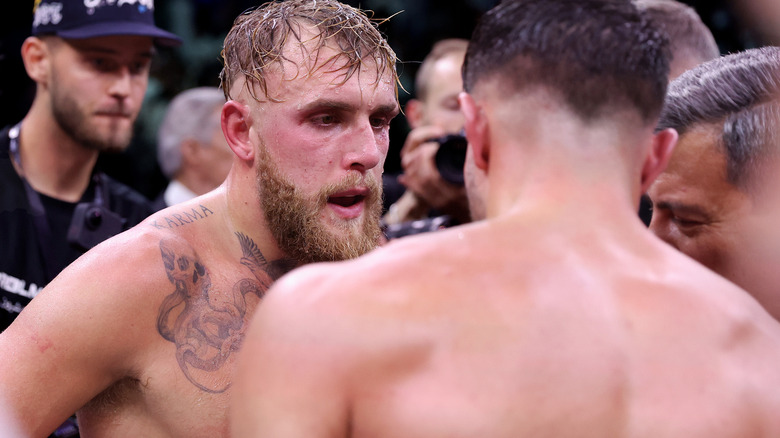 Jake Paul speaking with Tommy Fury after fight