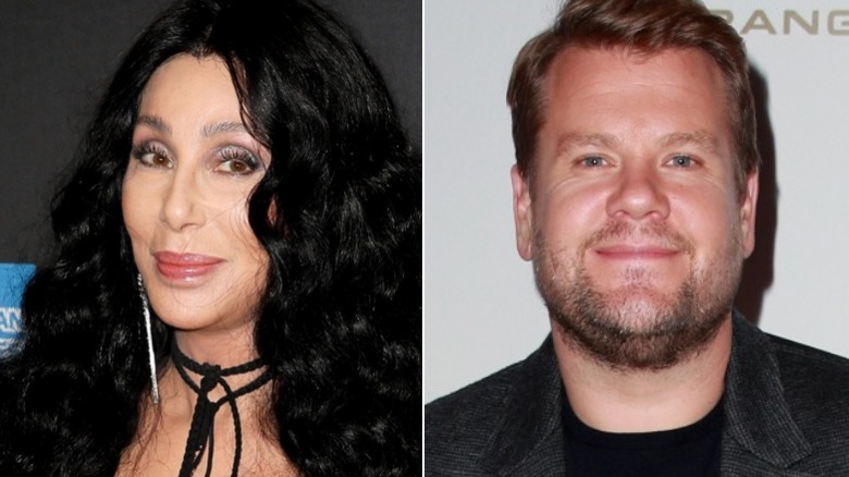 Cher and James Corden smiling in split image 