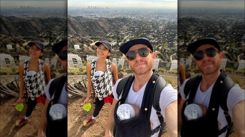 Jamie Chung and Bryan Greenberg hiking with their twins