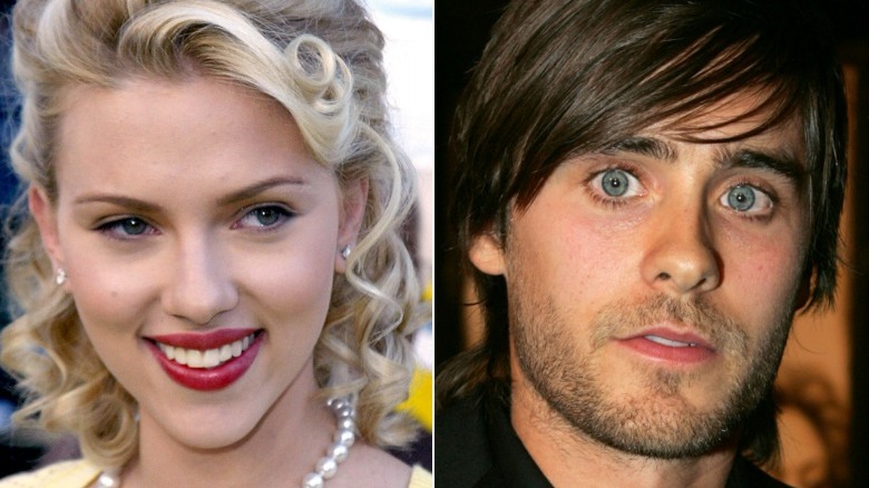 Scarlett Johansson smiling, Jared Leto looking serious