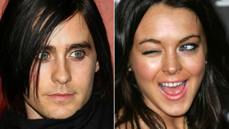 Jared Leto gazing to side, Lindsay Lohan winking