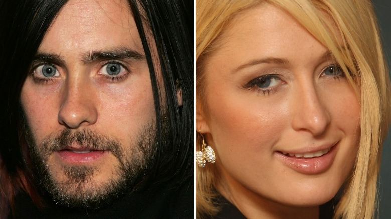 Jared Leto staring intensely, Paris Hilton smiling